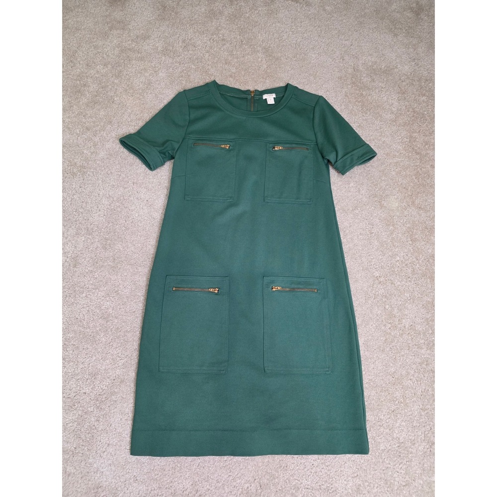J.Crew Hunter Green Ponte Shift Dress Gold Zipper Pockets Short Sleeve Size 2